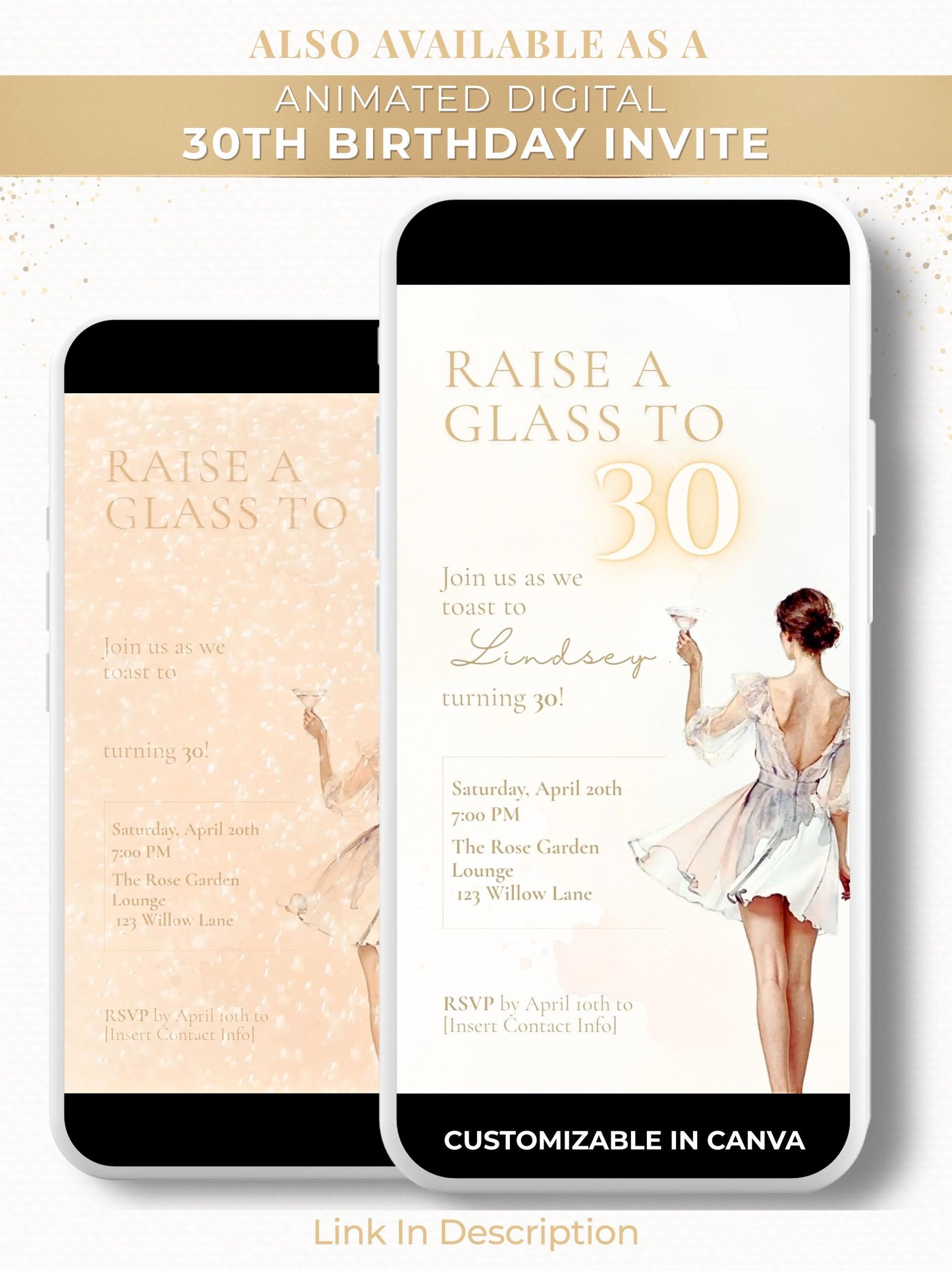 30th Birthday Invitation Template, Editable Digital Invite, Elegant Champagne Toast Party Printable (Instant Download Custom Canva Template)