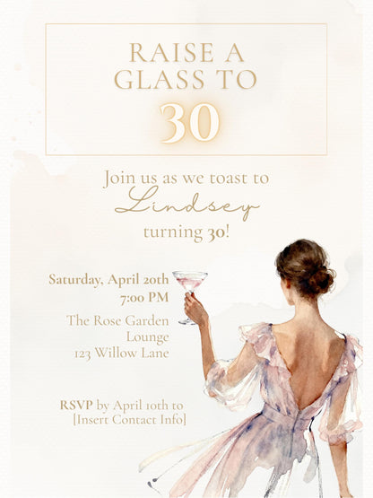 30th Birthday Invitation Template, Editable Digital Invite, Elegant Champagne Toast Party Printable (Instant Download Custom Canva Template)