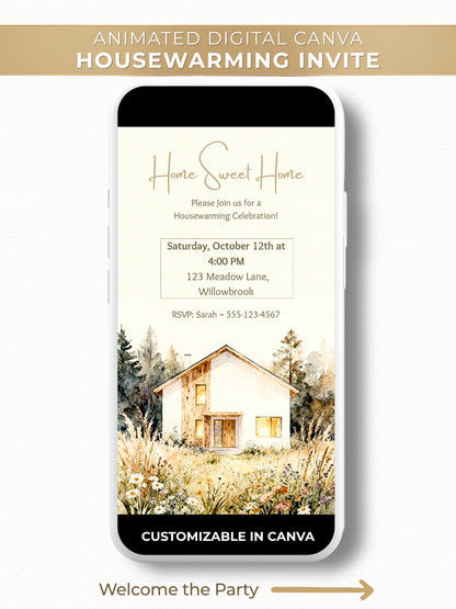 Animated digital housewarming invitation featuring a cozy home surrounded by wildflowers, with flickering candlelight in the windows, customizable Canva template, perfect for new home celebrations