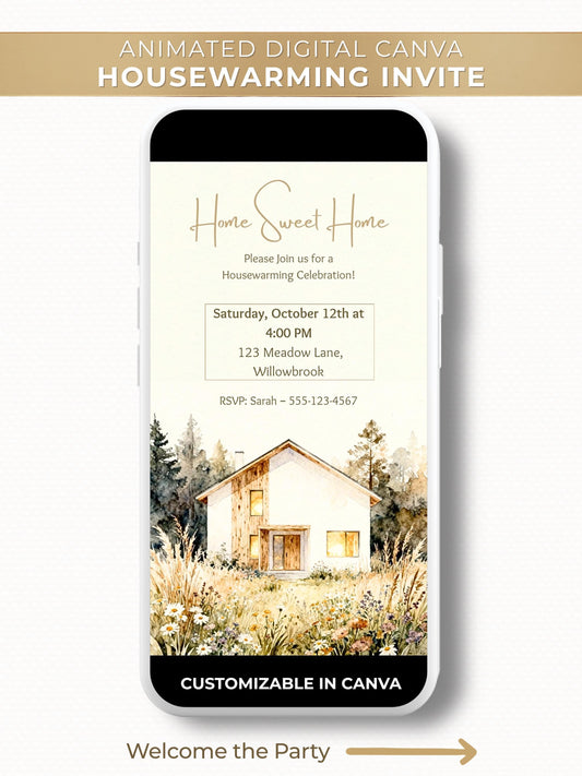 Animated digital housewarming invitation featuring a cozy home surrounded by wildflowers, with flickering candlelight in the windows, customizable Canva template, perfect for new home celebrations