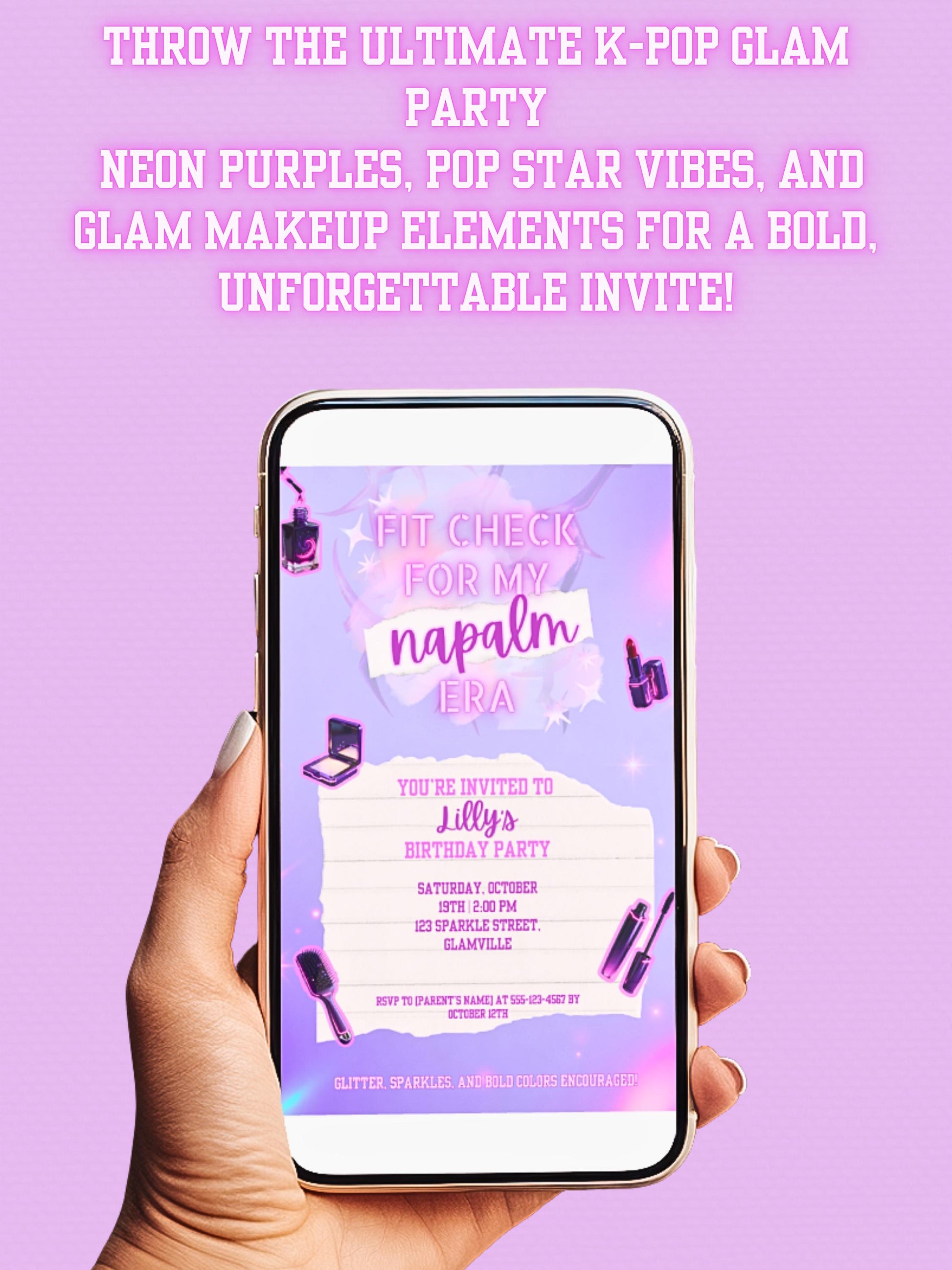 Editable K-Pop Birthday Invitation, Neon Purple Party Invite, Glam Makeup Theme (Instant Download Digital Download Printable Canva Template)