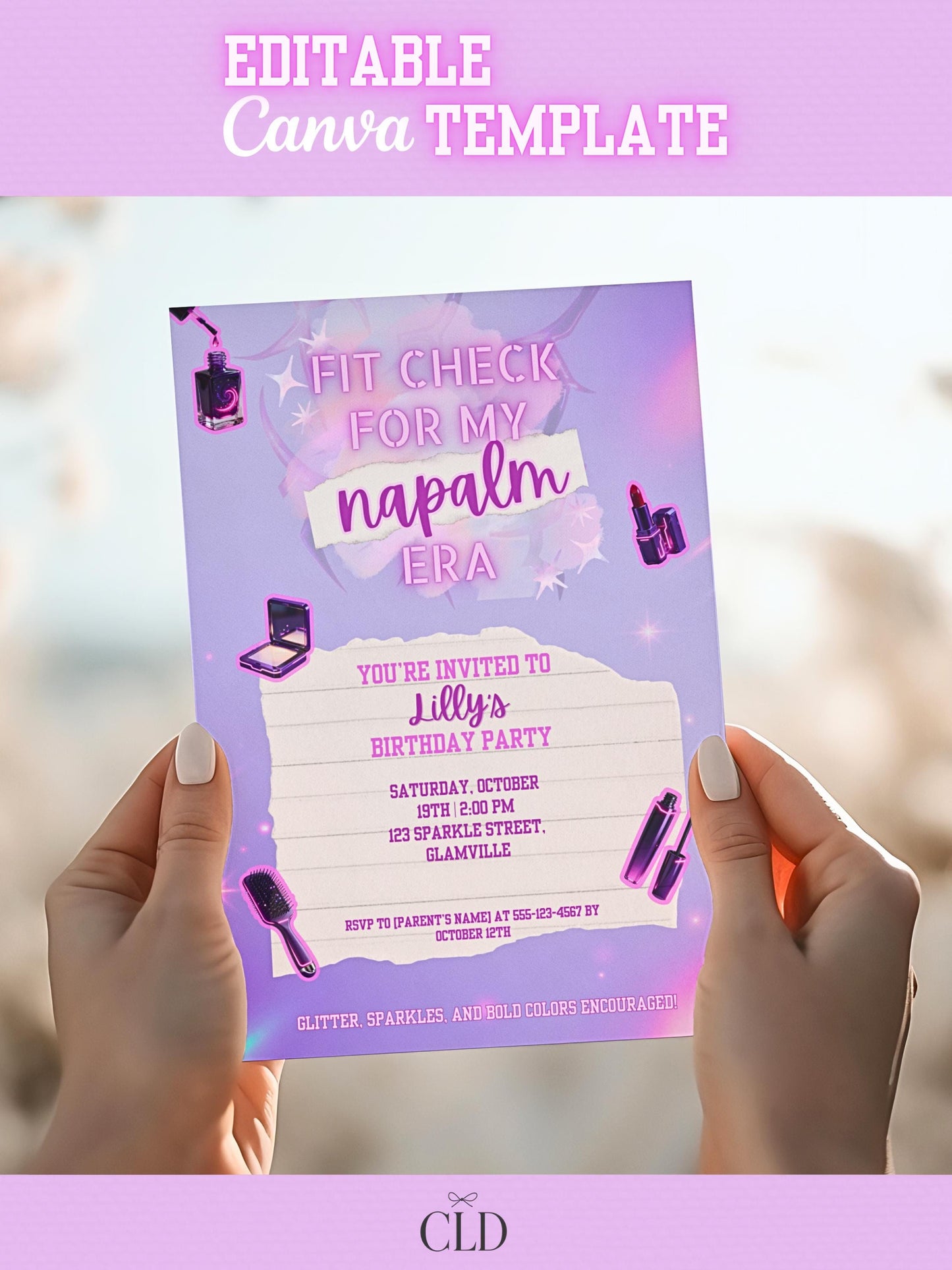 Editable K-Pop Birthday Invitation, Neon Purple Party Invite, Glam Makeup Theme (Instant Download Digital Download Printable Canva Template)