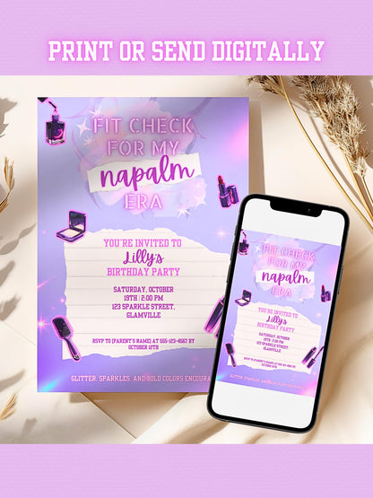 Editable K-Pop Birthday Invitation, Neon Purple Party Invite, Glam Makeup Theme (Instant Download Digital Download Printable Canva Template)
