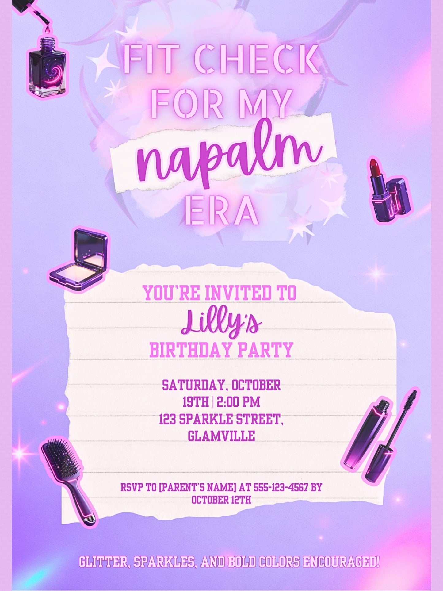 Editable K-Pop Birthday Invitation, Neon Purple Party Invite, Glam Makeup Theme (Instant Download Digital Download Printable Canva Template)