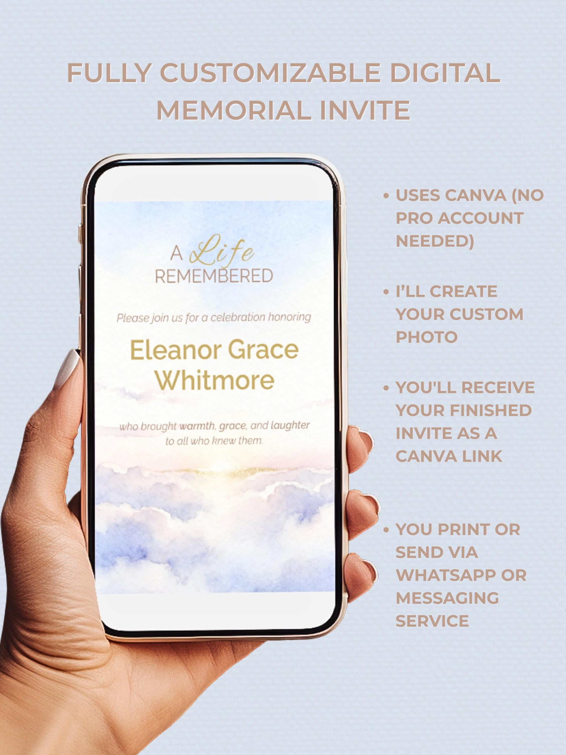 Custom Watercolor Memorial Template-Editable Canva Funeral Invitation-Celebration of Life Program (Personalized Portrait Keepsake)