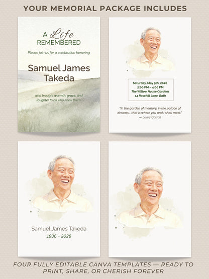 Custom Watercolor Memorial Invitation & Portrait - Editable Canva Celebration of Life Template - Personalized Funeral Keepsake