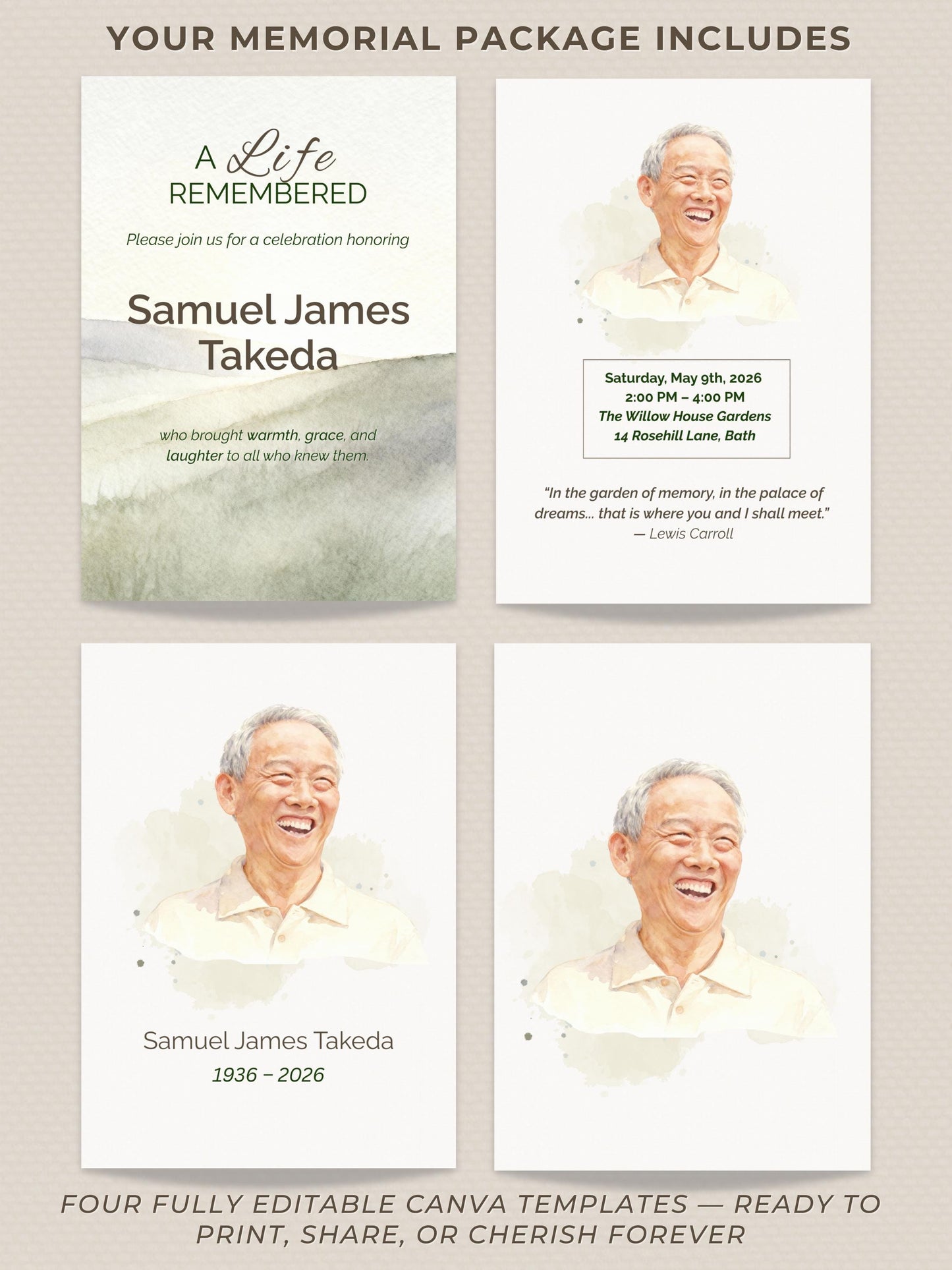Custom Watercolor Memorial Invitation & Portrait - Editable Canva Celebration of Life Template - Personalized Funeral Keepsake
