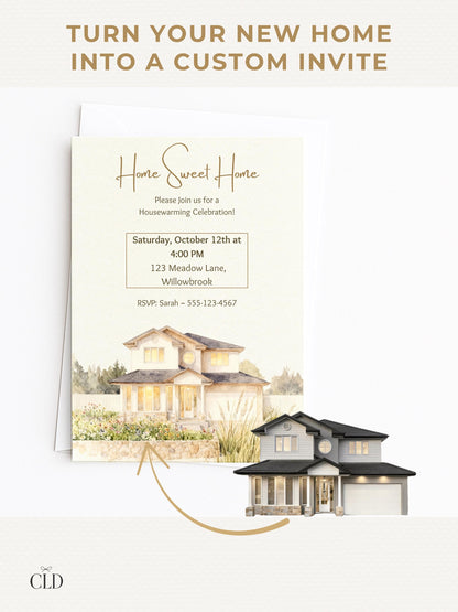 Custom watercolor housewarming invitation featuring personalized illustration of buyer’s home, unique party invite design