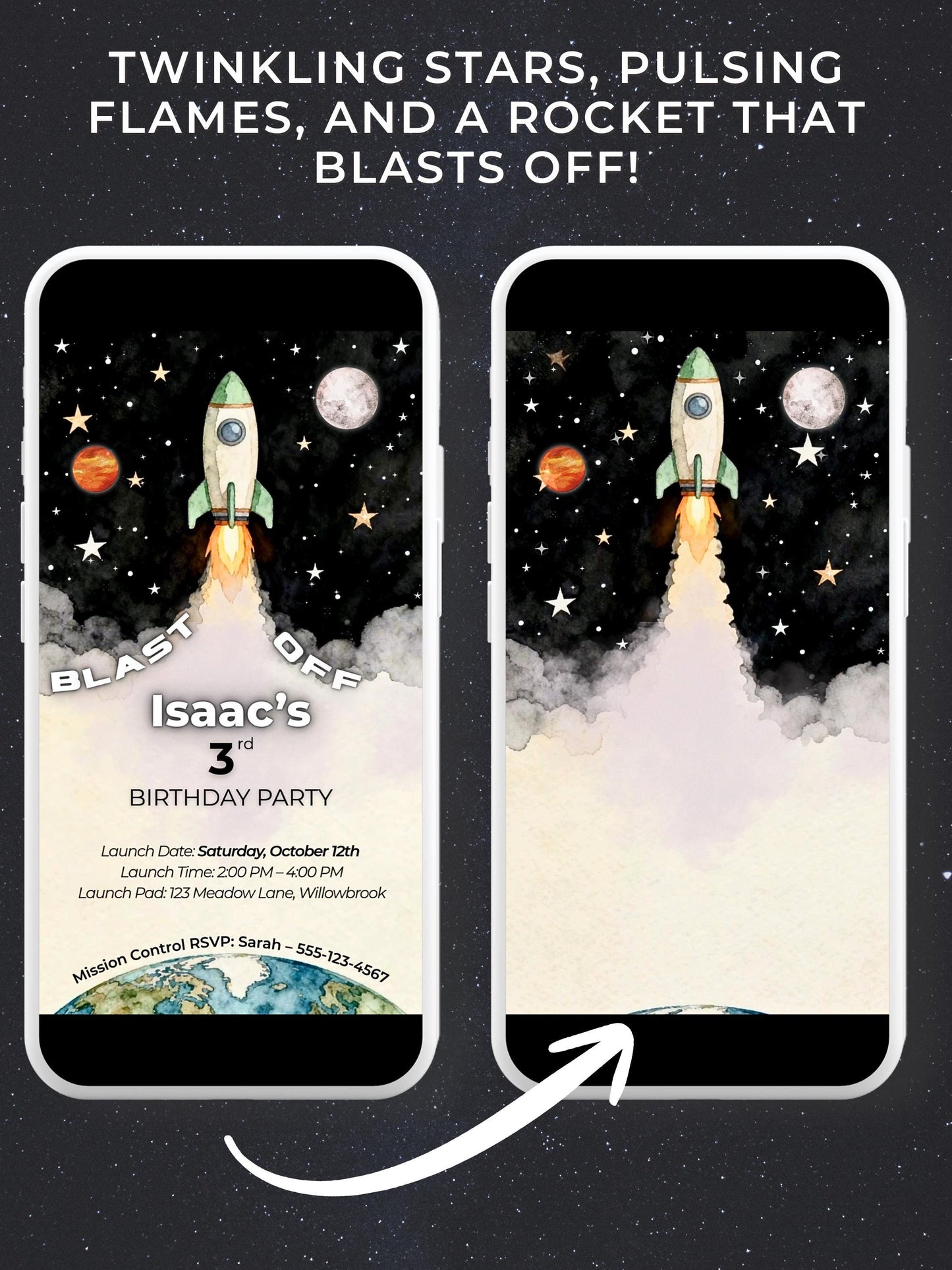 Animated Space 3rd Birthday Invitation - Rocket Ship Digital Evite Kid Birthday Party Video Invite Whatsapp(Instant Download Canva Template)