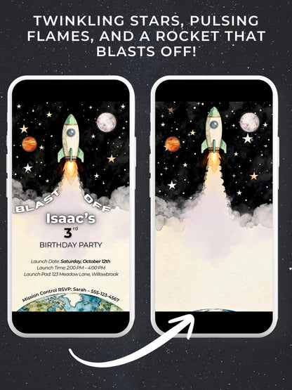 Animated Space 3rd Birthday Invitation - Rocket Ship Digital Evite Kid Birthday Party Video Invite Whatsapp(Instant Download Canva Template)