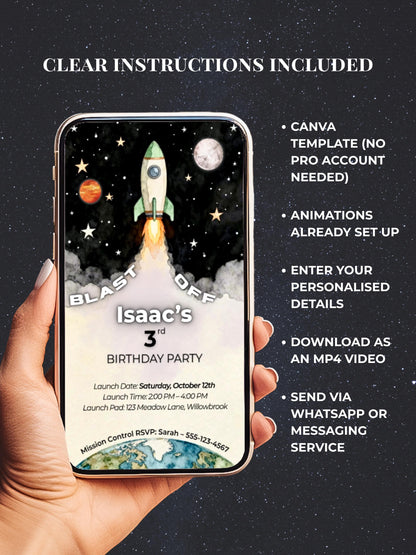 Animated Space 3rd Birthday Invitation - Rocket Ship Digital Evite Kid Birthday Party Video Invite Whatsapp(Instant Download Canva Template)