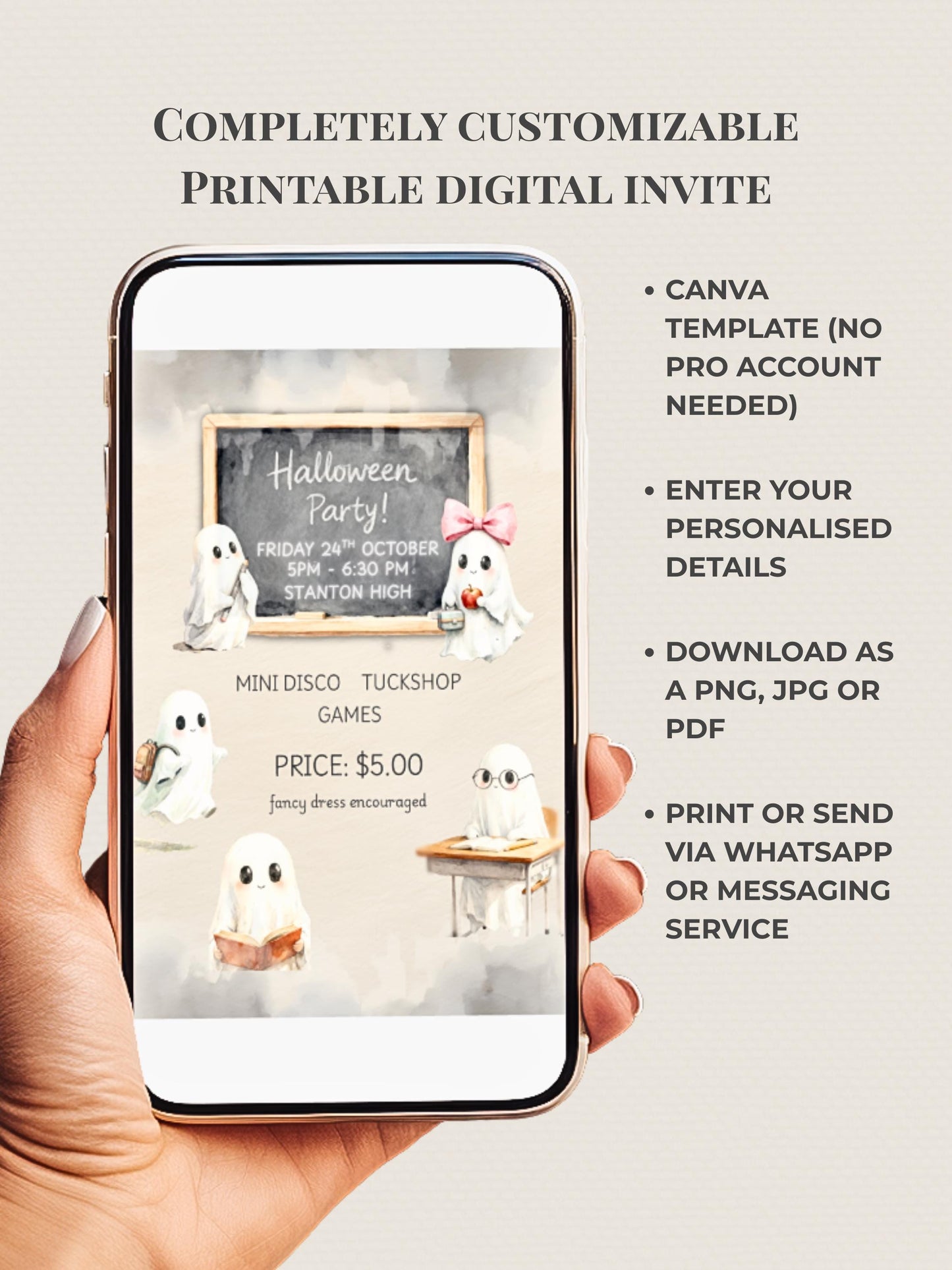 School Halloween Party Invitation Template - Editable Canva Halloween Invite - Cute Ghost Kids Party Flyer (Printable Digital Download)