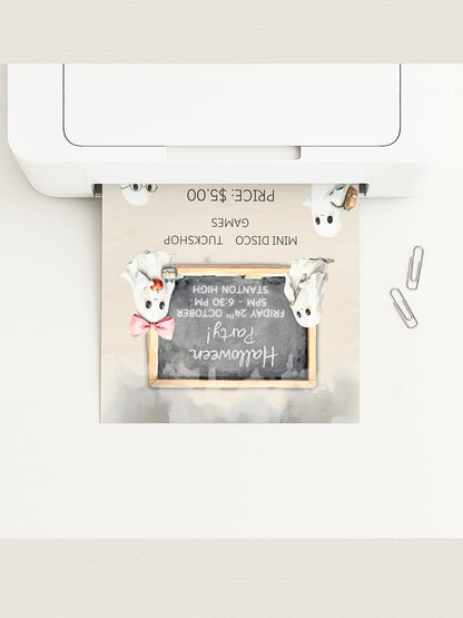 School Halloween Party Invitation Template - Editable Canva Halloween Invite - Cute Ghost Kids Party Flyer (Printable Digital Download)