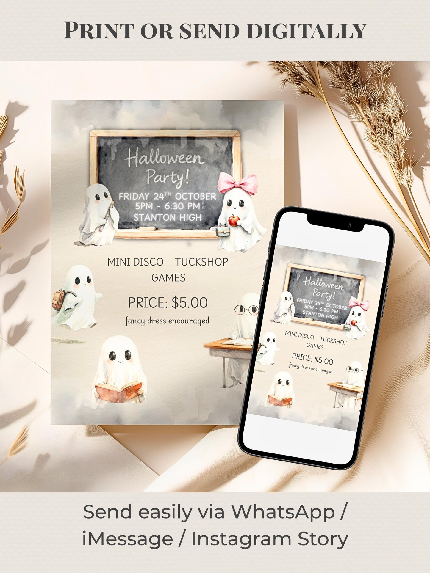 School Halloween Party Invitation Template - Editable Canva Halloween Invite - Cute Ghost Kids Party Flyer (Printable Digital Download)