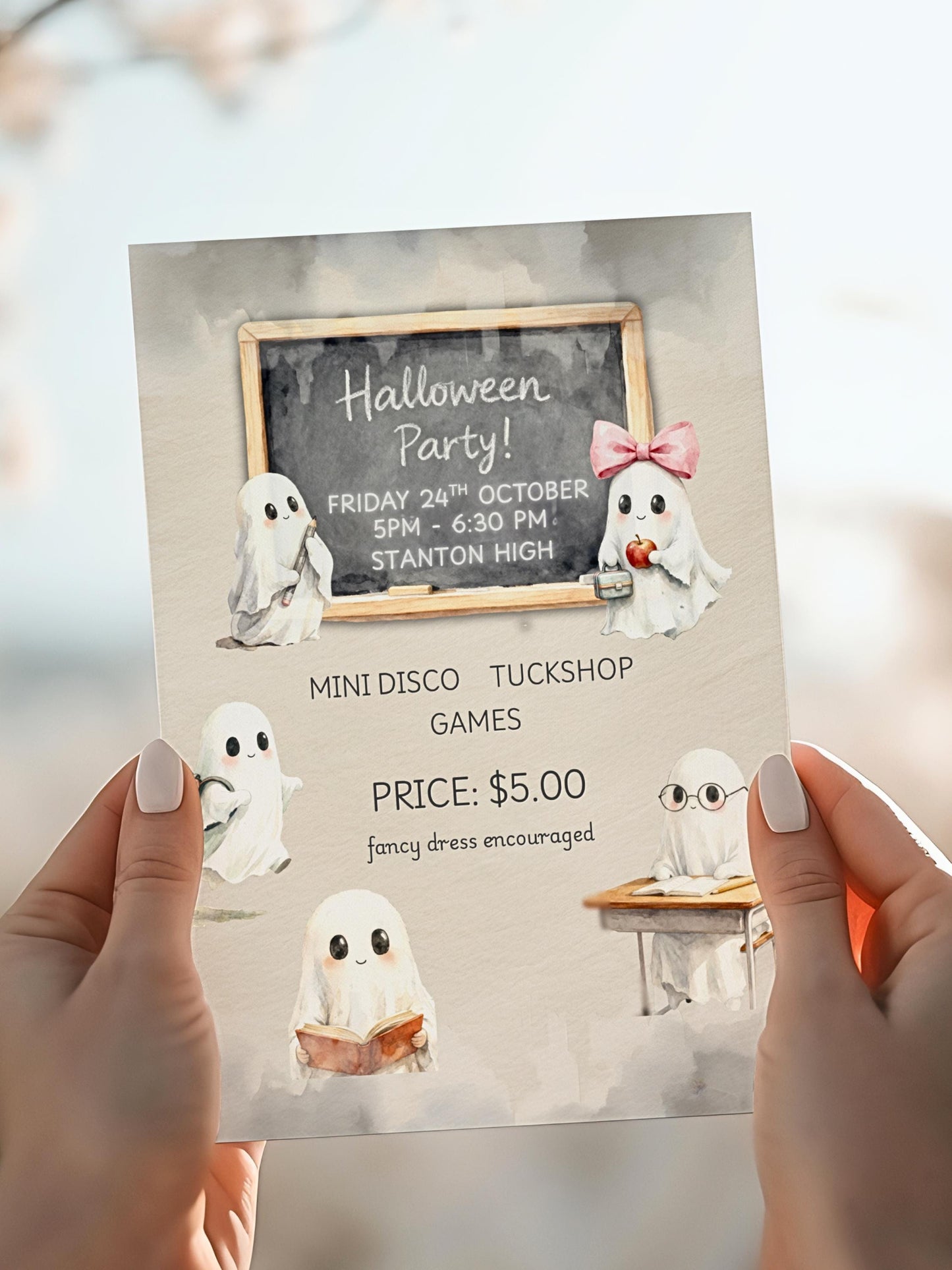 School Halloween Party Invitation Template - Editable Canva Halloween Invite - Cute Ghost Kids Party Flyer (Printable Digital Download)