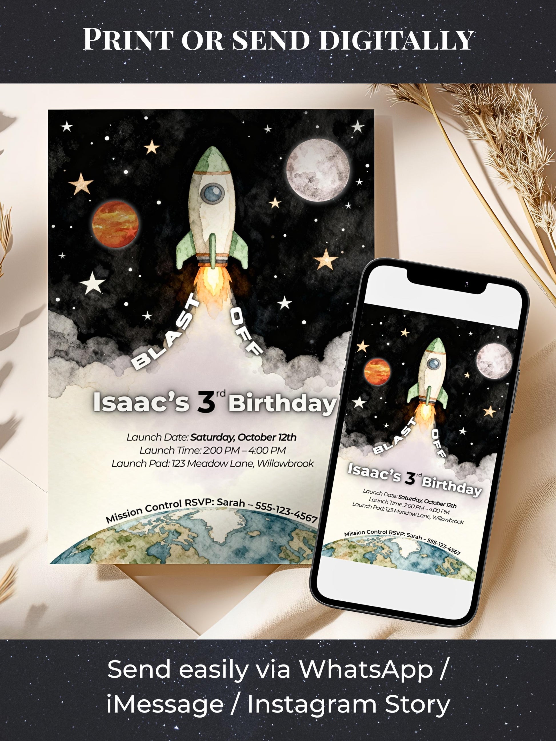 3rd Birthday Space Invitation - Digital Rocket Ship Kids Party Invite (Customizable Instant Download Canva Template) Watercolor Evite