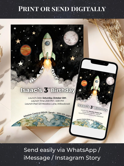 3rd Birthday Space Invitation - Digital Rocket Ship Kids Party Invite (Customizable Instant Download Canva Template) Watercolor Evite