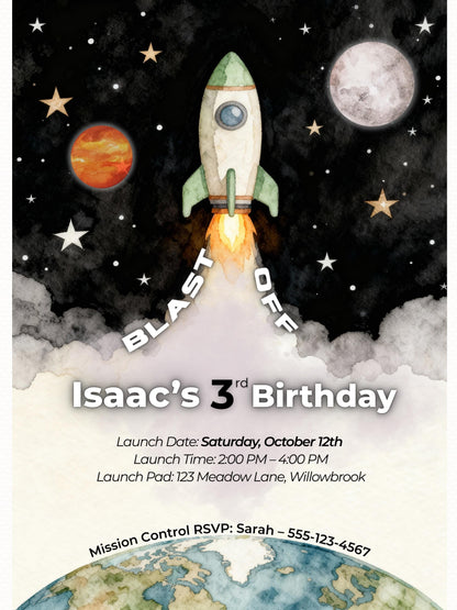 3rd Birthday Space Invitation - Digital Rocket Ship Kids Party Invite (Customizable Instant Download Canva Template) Watercolor Evite