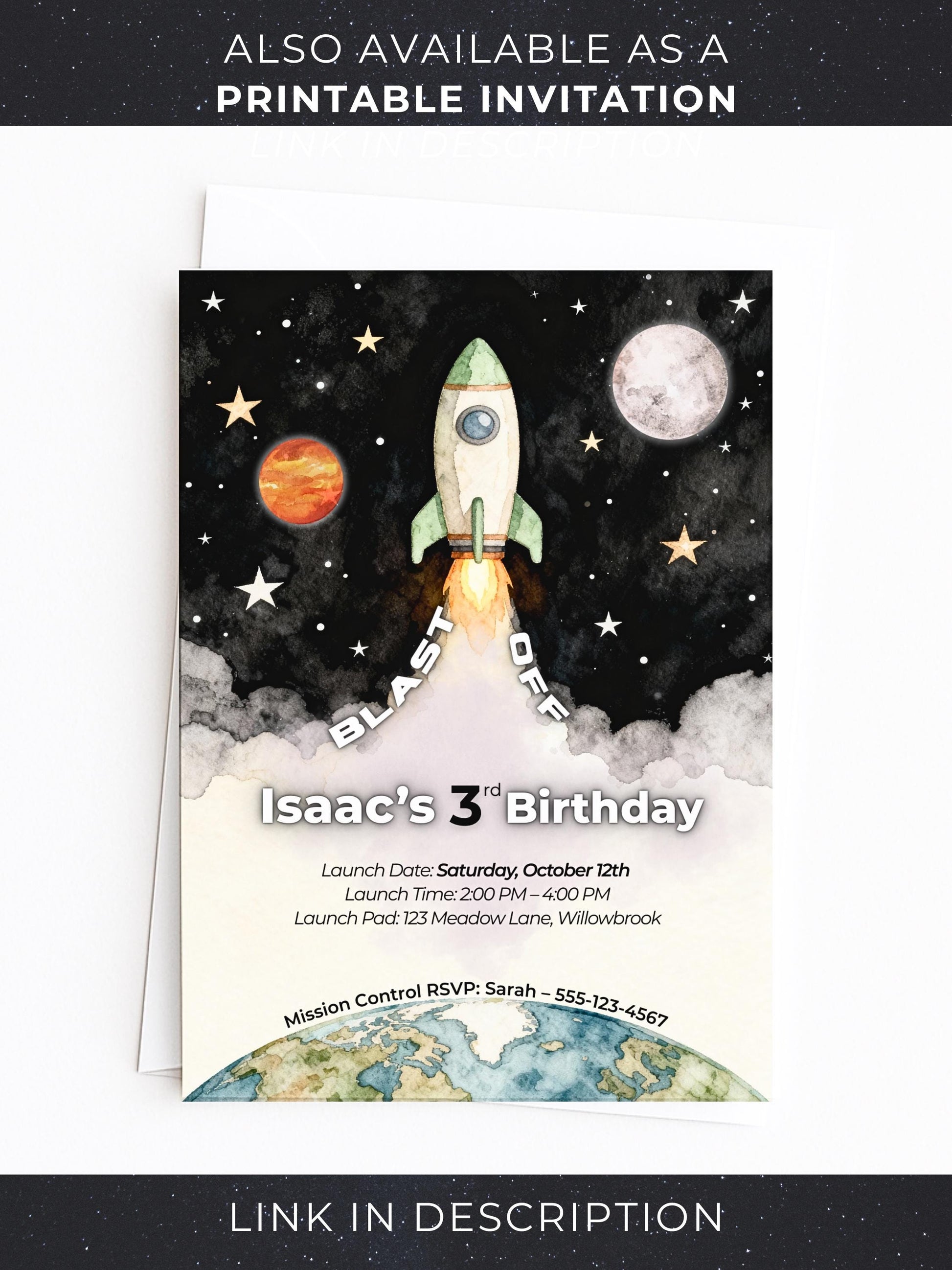 Animated Space 3rd Birthday Invitation - Rocket Ship Digital Evite Kid Birthday Party Video Invite Whatsapp(Instant Download Canva Template)