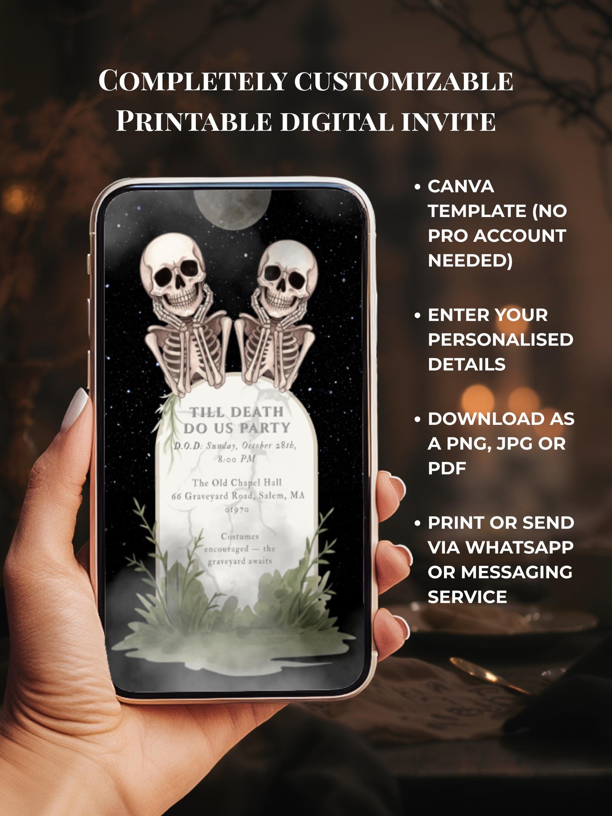 Skeleton Halloween Party Invitation - Digital Spooky Graveyard Themed Invite (Instant Download Canva Template) Fall/Autumn Celebration Evite