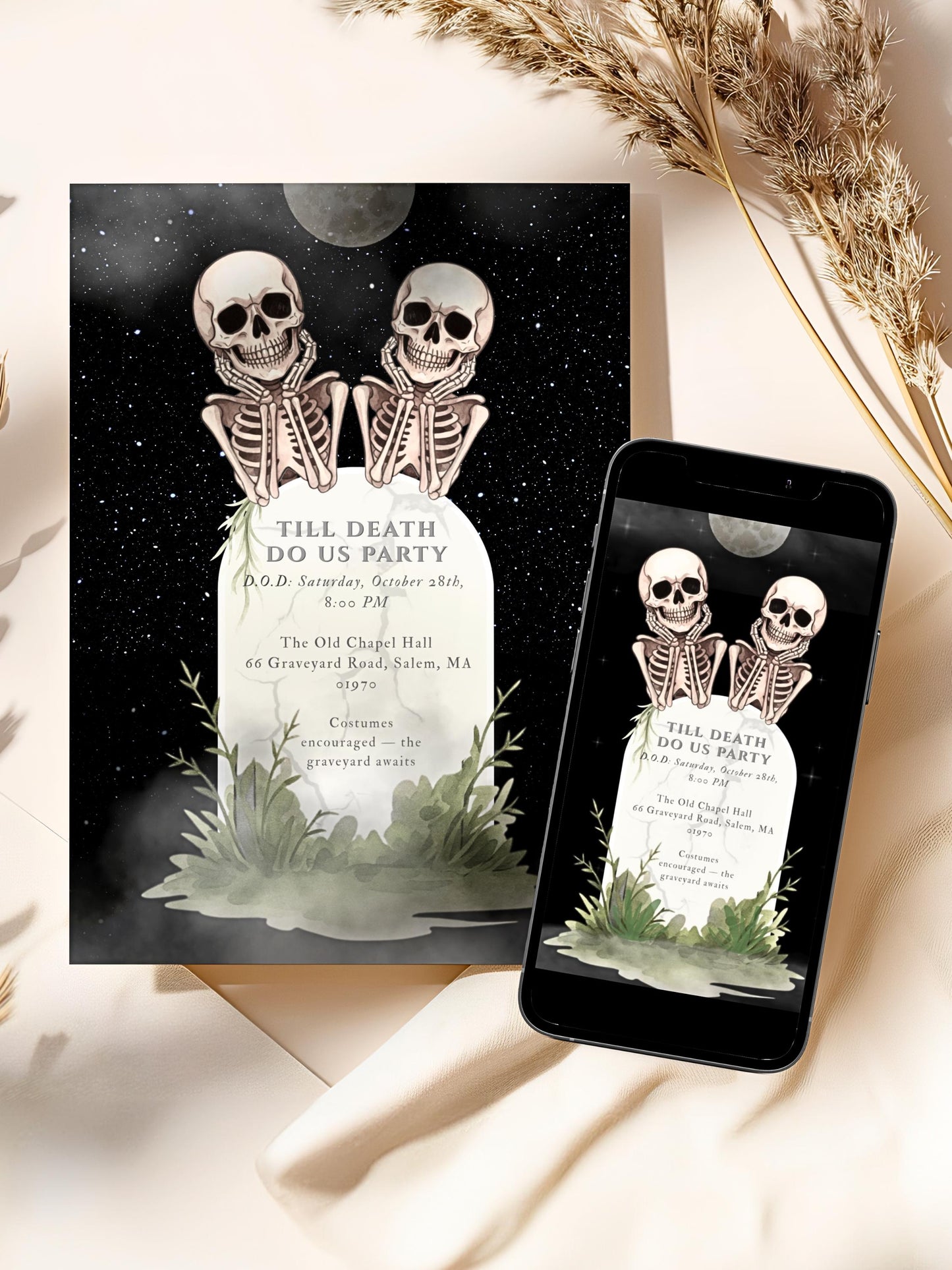 Skeleton Halloween Party Invitation - Digital Spooky Graveyard Themed Invite (Instant Download Canva Template) Fall/Autumn Celebration Evite