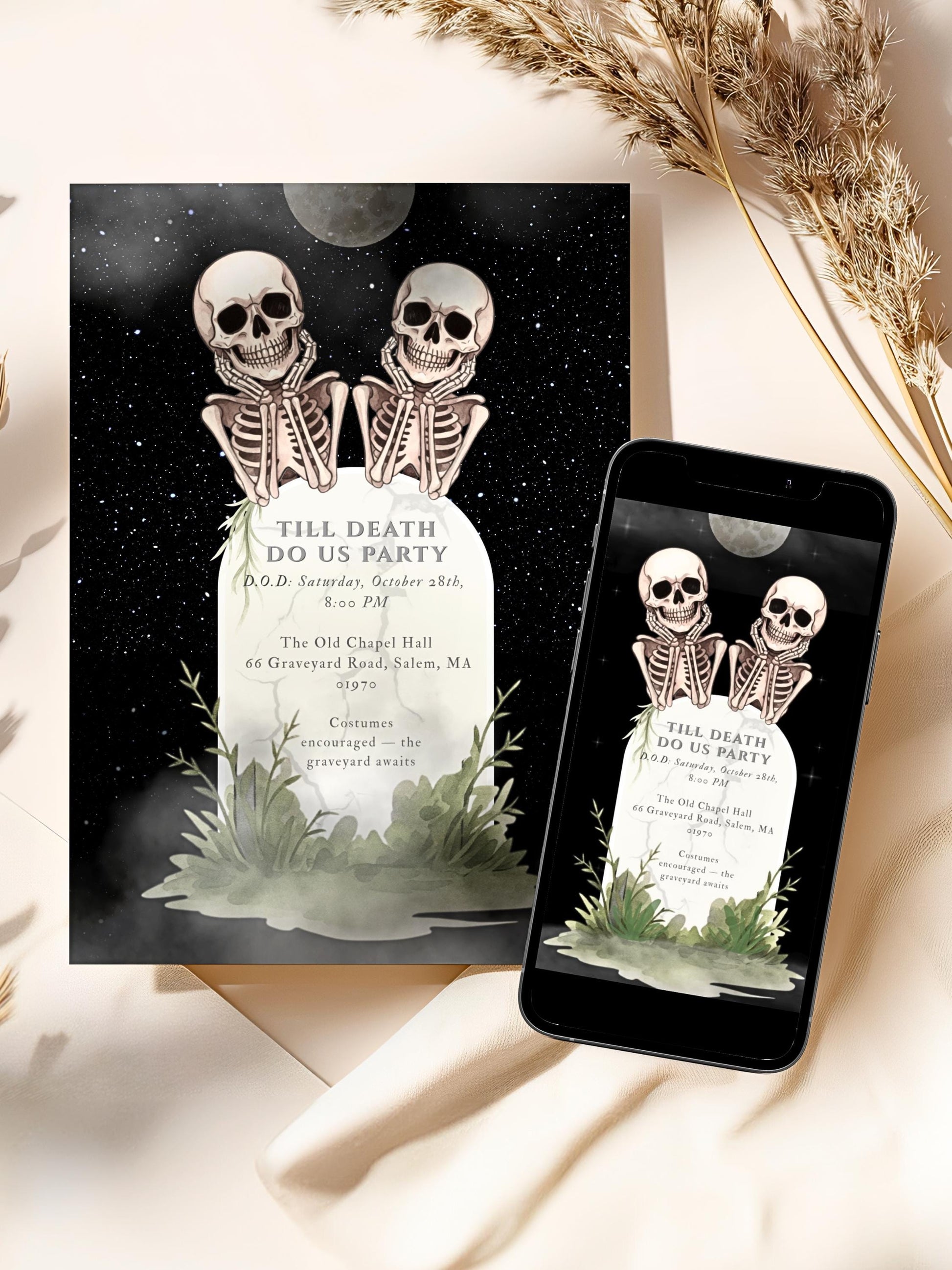 Skeleton Halloween Party Invitation - Digital Spooky Graveyard Themed Invite (Instant Download Canva Template) Fall/Autumn Celebration Evite