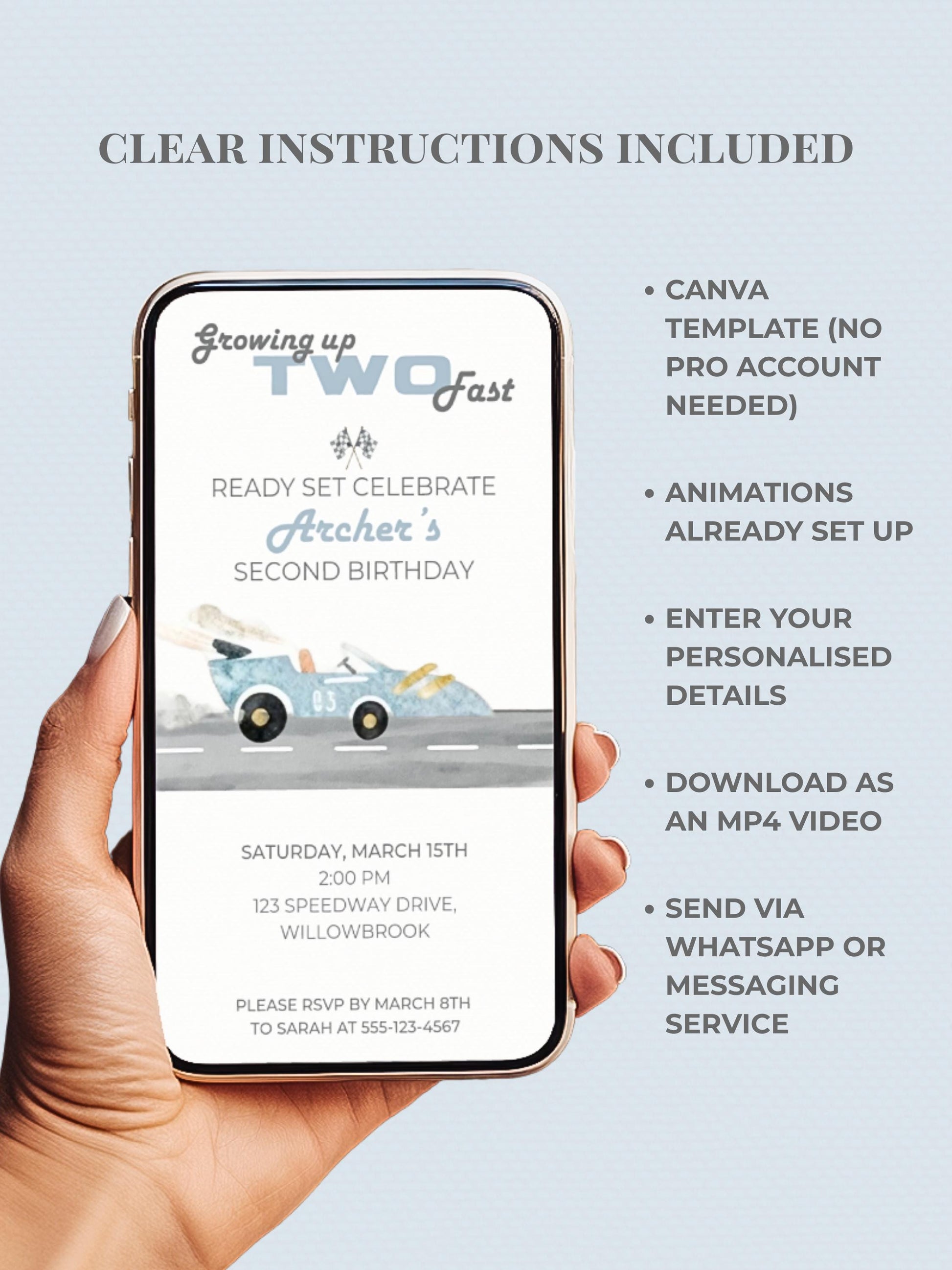 Animated Racing Car 2nd Birthday Invitation (Instant Download Editable Canva Template) Custom Digital Video Evite for Boy’s Party