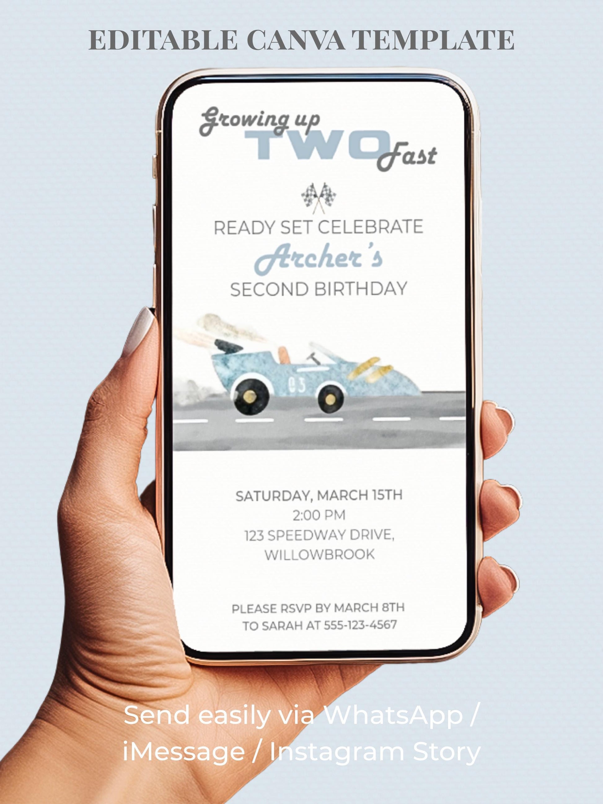 Animated Racing Car 2nd Birthday Invitation (Instant Download Editable Canva Template) Custom Digital Video Evite for Boy’s Party