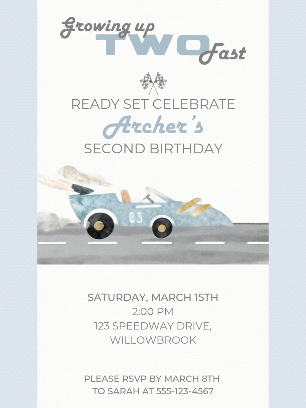 Animated Racing Car 2nd Birthday Invitation (Instant Download Editable Canva Template) Custom Digital Video Evite for Boy’s Party