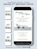 Growing up TWO fast" animated racing birthday invitation displayed on a phone screen. The design features a watercolor race car speeding off with spinning wheels and dust flying up, perfect for a second birthday celebration. Editable Canva template shown on a clean, modern background, emphasizing its digital format for easy sending via WhatsApp, iMessage, or Instagram