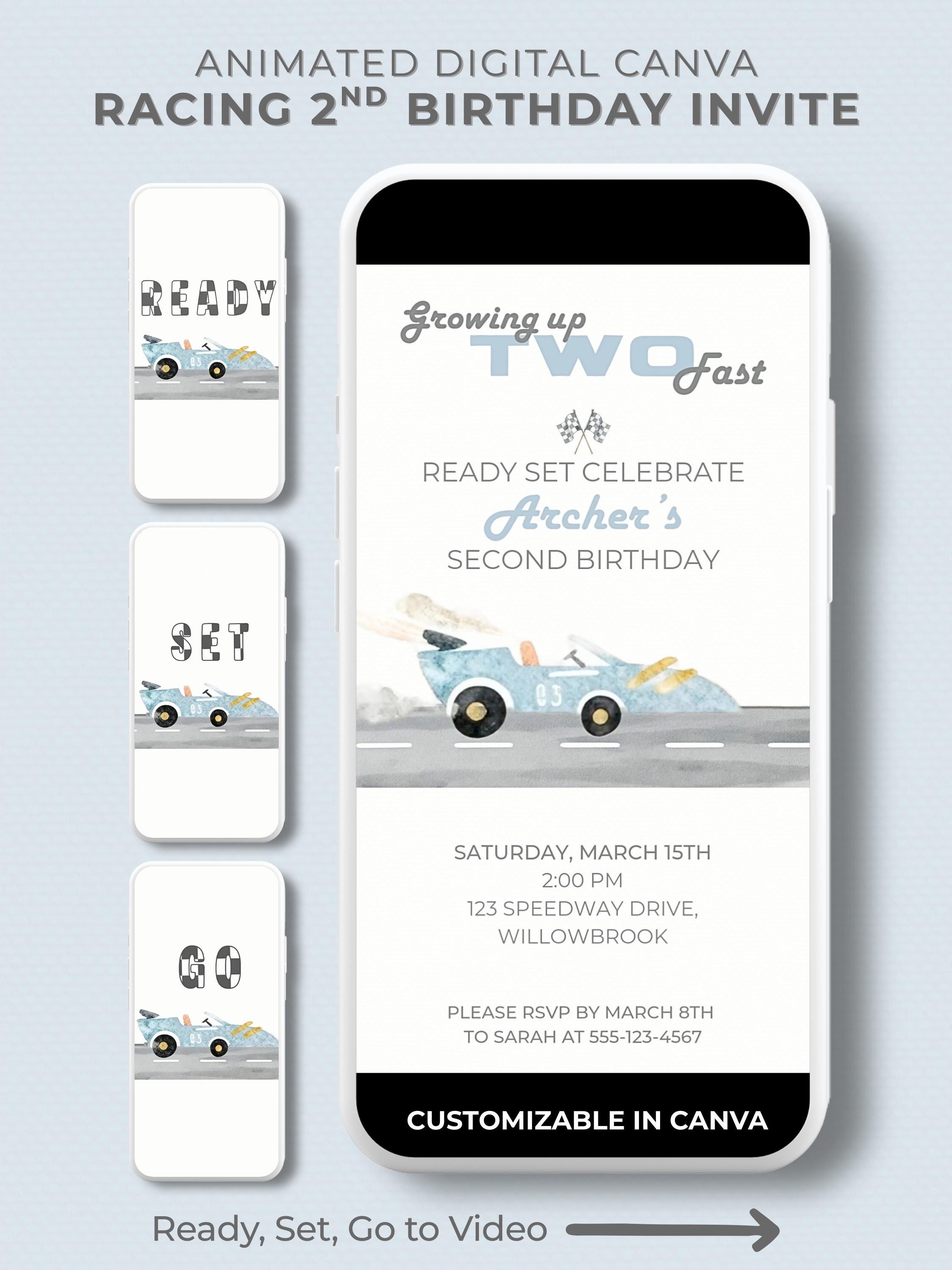 Growing up TWO fast" animated racing birthday invitation displayed on a phone screen. The design features a watercolor race car speeding off with spinning wheels and dust flying up, perfect for a second birthday celebration. Editable Canva template shown on a clean, modern background, emphasizing its digital format for easy sending via WhatsApp, iMessage, or Instagram