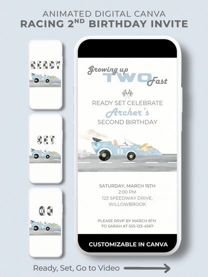 Growing up TWO fast" animated racing birthday invitation displayed on a phone screen. The design features a watercolor race car speeding off with spinning wheels and dust flying up, perfect for a second birthday celebration. Editable Canva template shown on a clean, modern background, emphasizing its digital format for easy sending via WhatsApp, iMessage, or Instagram