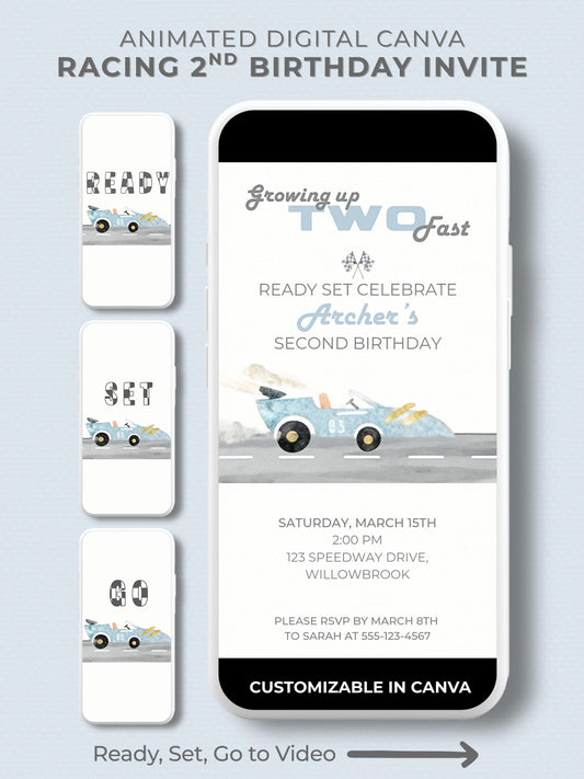 Growing up TWO fast&quot; animated racing birthday invitation displayed on a phone screen. The design features a watercolor race car speeding off with spinning wheels and dust flying up, perfect for a second birthday celebration. Editable Canva template shown on a clean, modern background, emphasizing its digital format for easy sending via WhatsApp, iMessage, or Instagram