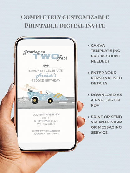 Racing Car 2nd Birthday Invite Printable (Instant Download Editable Canva Template) Custom Digital Video Invitation for Boy’s Party