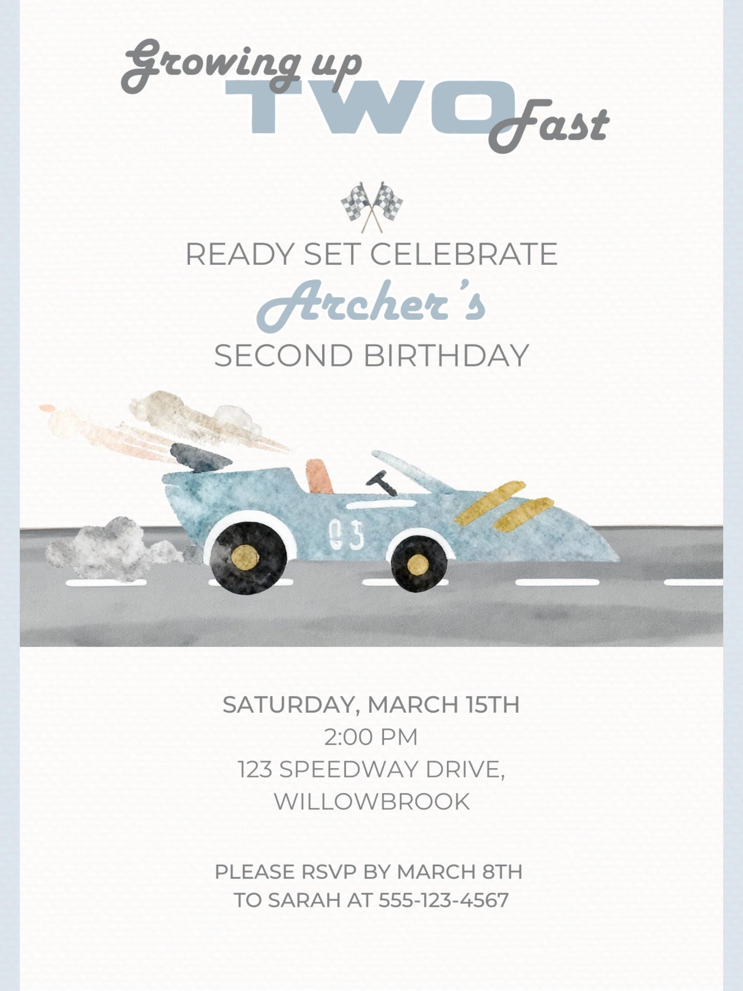 Racing Car 2nd Birthday Invite Printable (Instant Download Editable Canva Template) Custom Digital Video Invitation for Boy’s Party