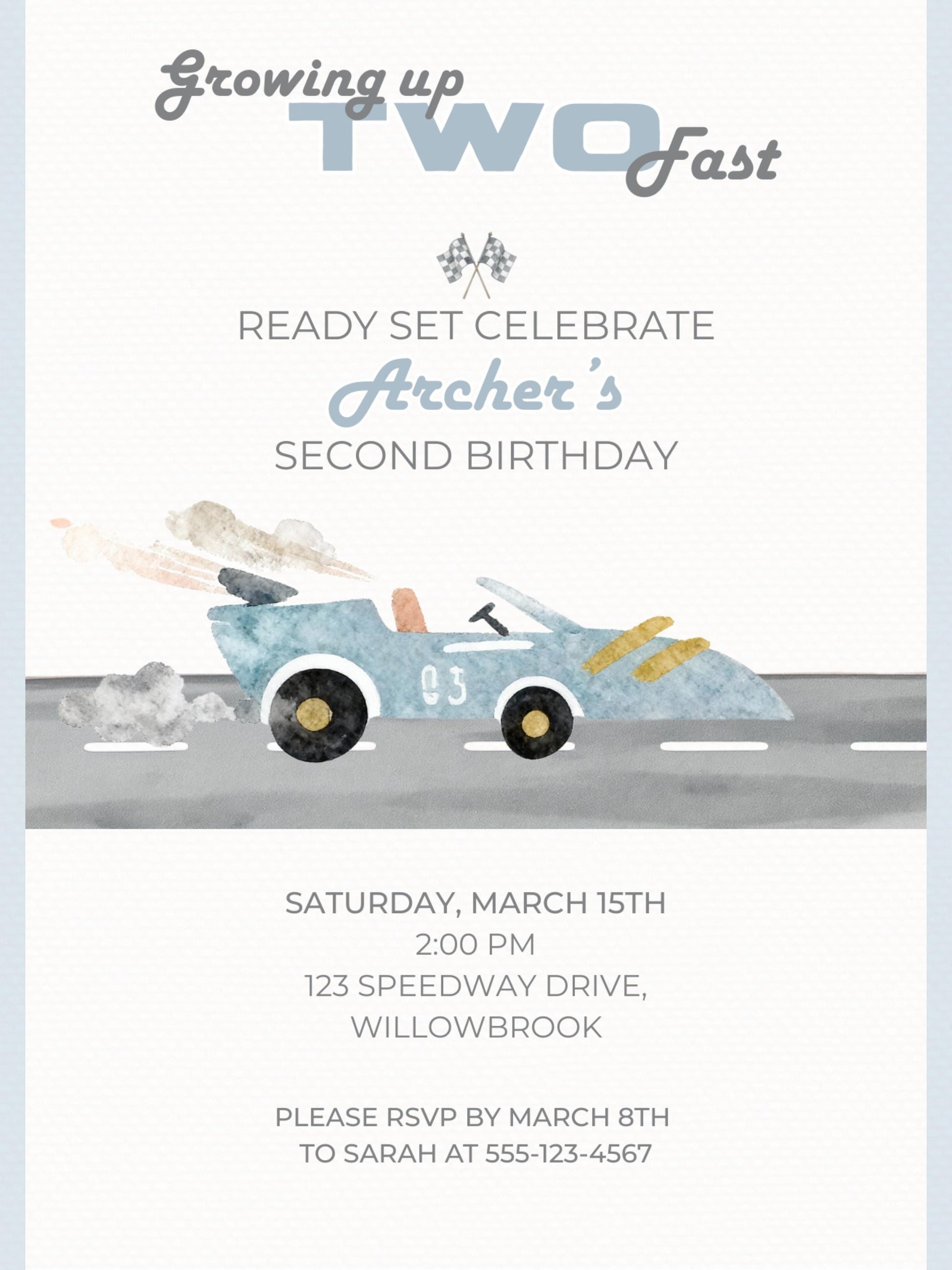 Racing Car 2nd Birthday Invite Printable (Instant Download Editable Canva Template) Custom Digital Video Invitation for Boy’s Party