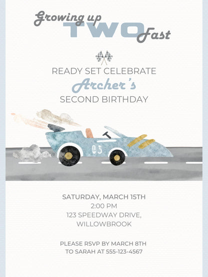 Racing Car 2nd Birthday Invite Printable (Instant Download Editable Canva Template) Custom Digital Video Invitation for Boy’s Party