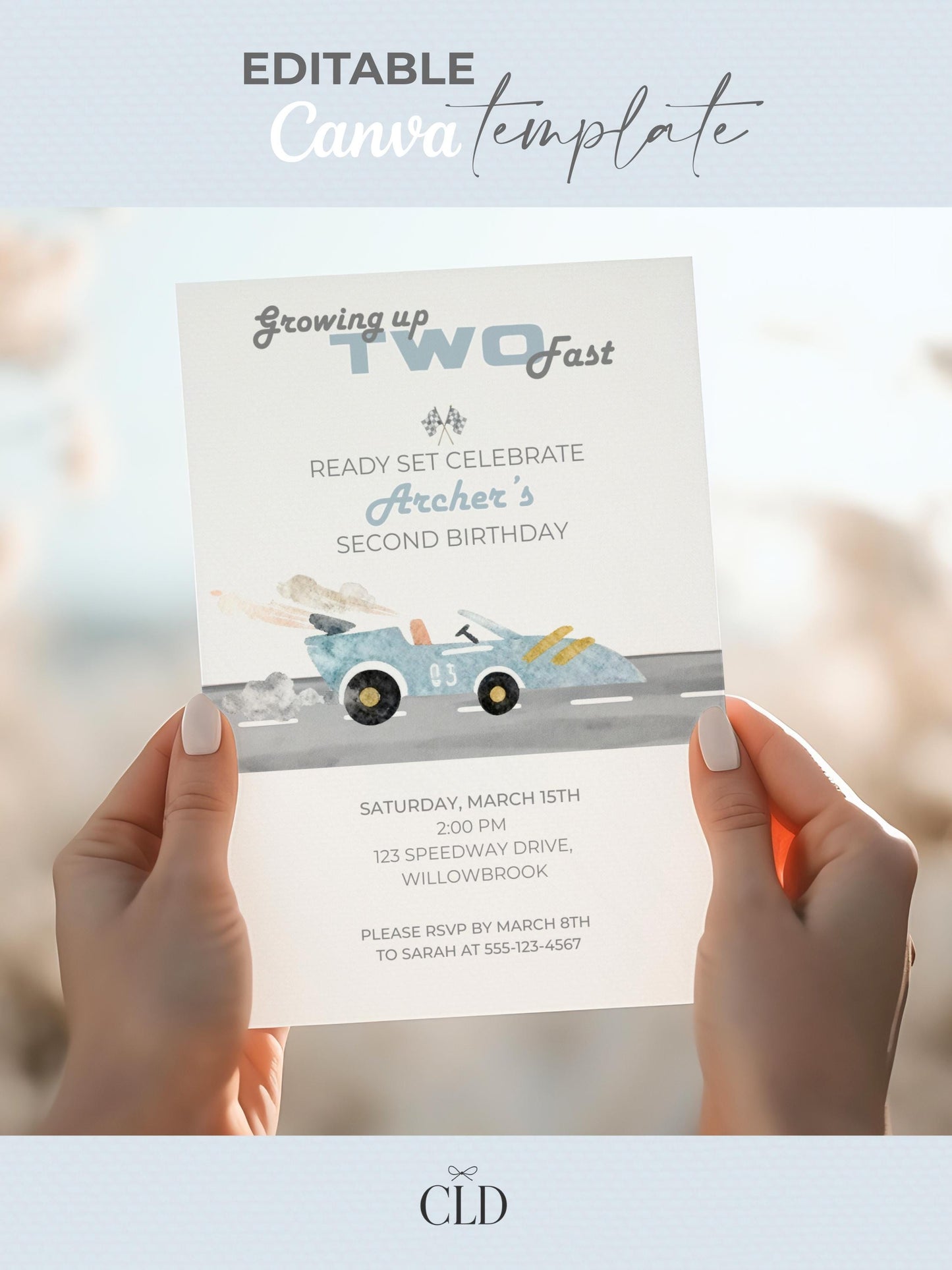 Racing Car 2nd Birthday Invite Printable (Instant Download Editable Canva Template) Custom Digital Video Invitation for Boy’s Party