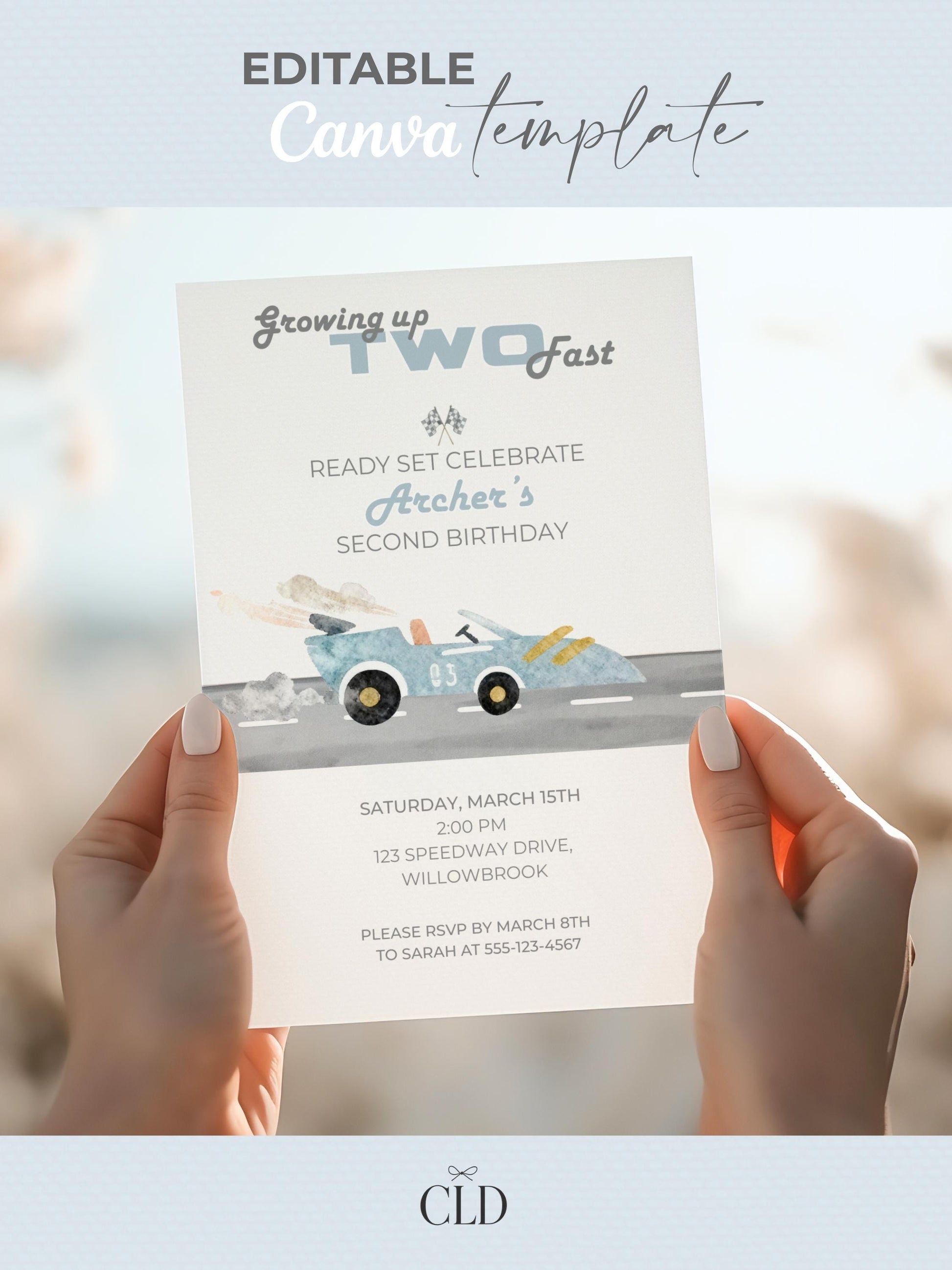Racing Car 2nd Birthday Invite Printable (Instant Download Editable Canva Template) Custom Digital Video Invitation for Boy’s Party
