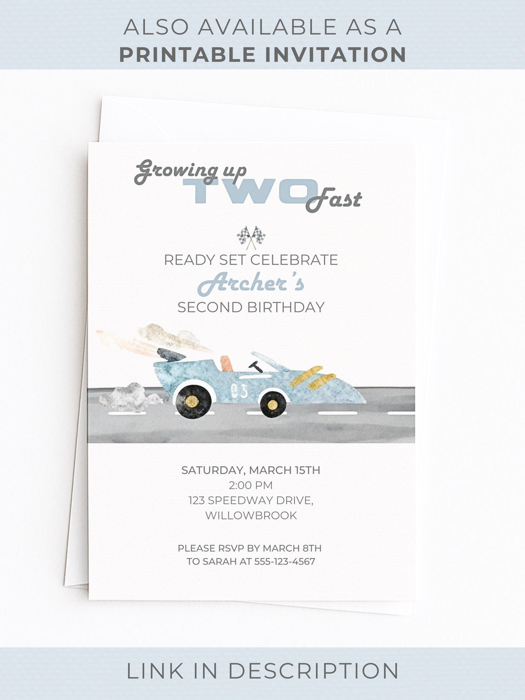 Animated Racing Car 2nd Birthday Invitation (Instant Download Editable Canva Template) Custom Digital Video Evite for Boy’s Party