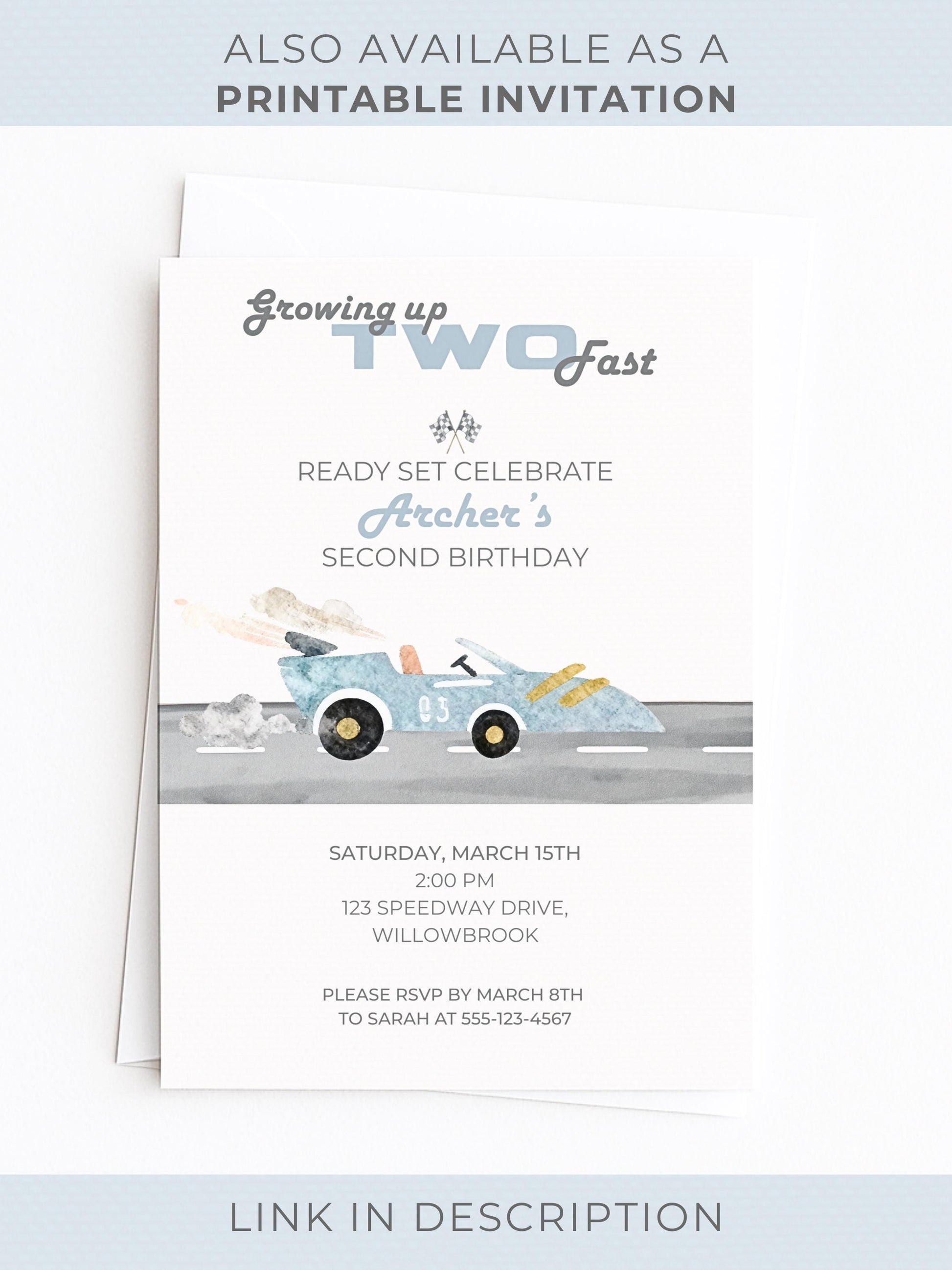 Animated Racing Car 2nd Birthday Invitation (Instant Download Editable Canva Template) Custom Digital Video Evite for Boy’s Party