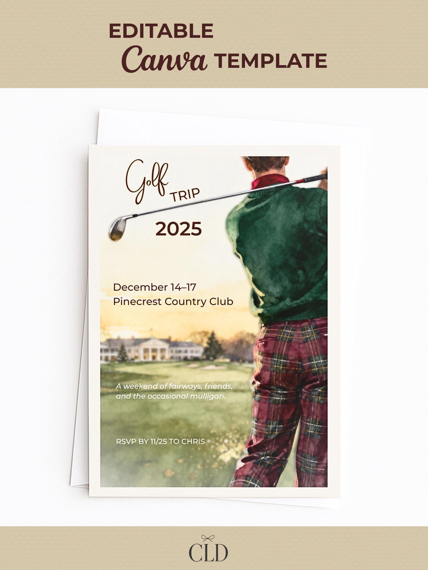 Golf Trip Invitation Template - Editable Canva Golfing Weekend Evite - Plaid Country Club Digital Instant Download Printable Invite