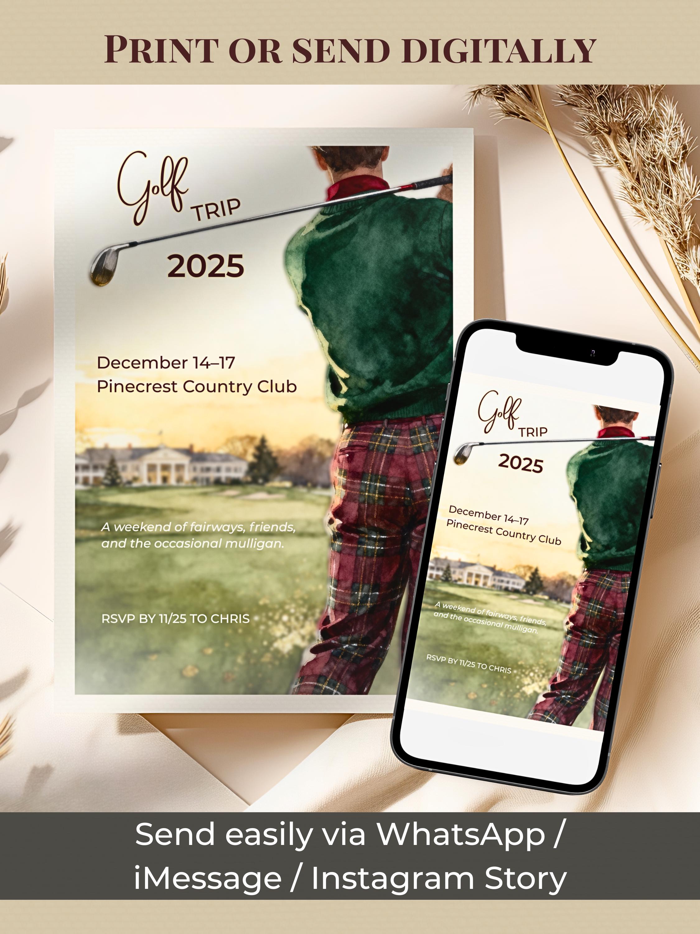 Golf Trip Invitation Template - Editable Canva Golfing Weekend Evite - Plaid Country Club Digital Instant Download Printable Invite