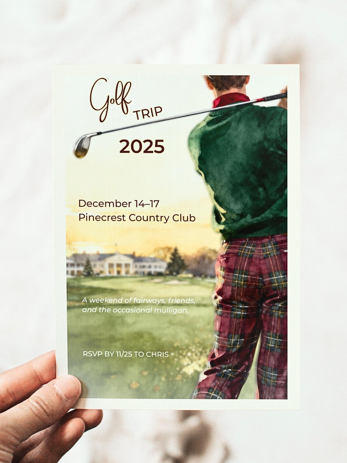 Golf Trip Invitation Template - Editable Canva Golfing Weekend Evite - Plaid Country Club Digital Instant Download Printable Invite