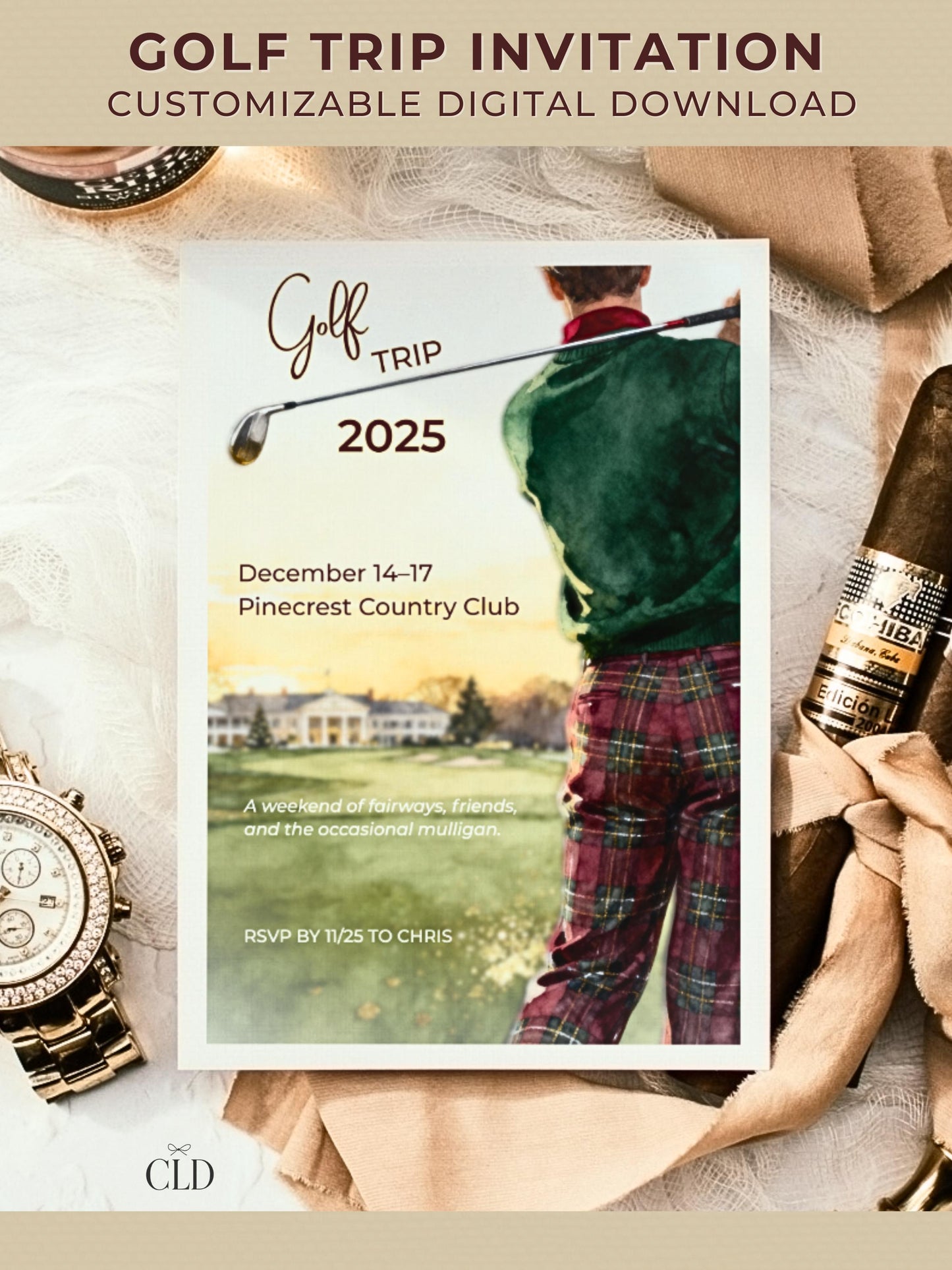 Elegant golf trip invitation card mockup with a watercolor illustration of a golfer in green and red plaid standing on a golf course, text reading “Golf Trip 2025” and event details, styled flat lay with a gold watch, cigar, and beige ribbon for a sophisticated, masculine aesthetic by Chelsea Lamont Design