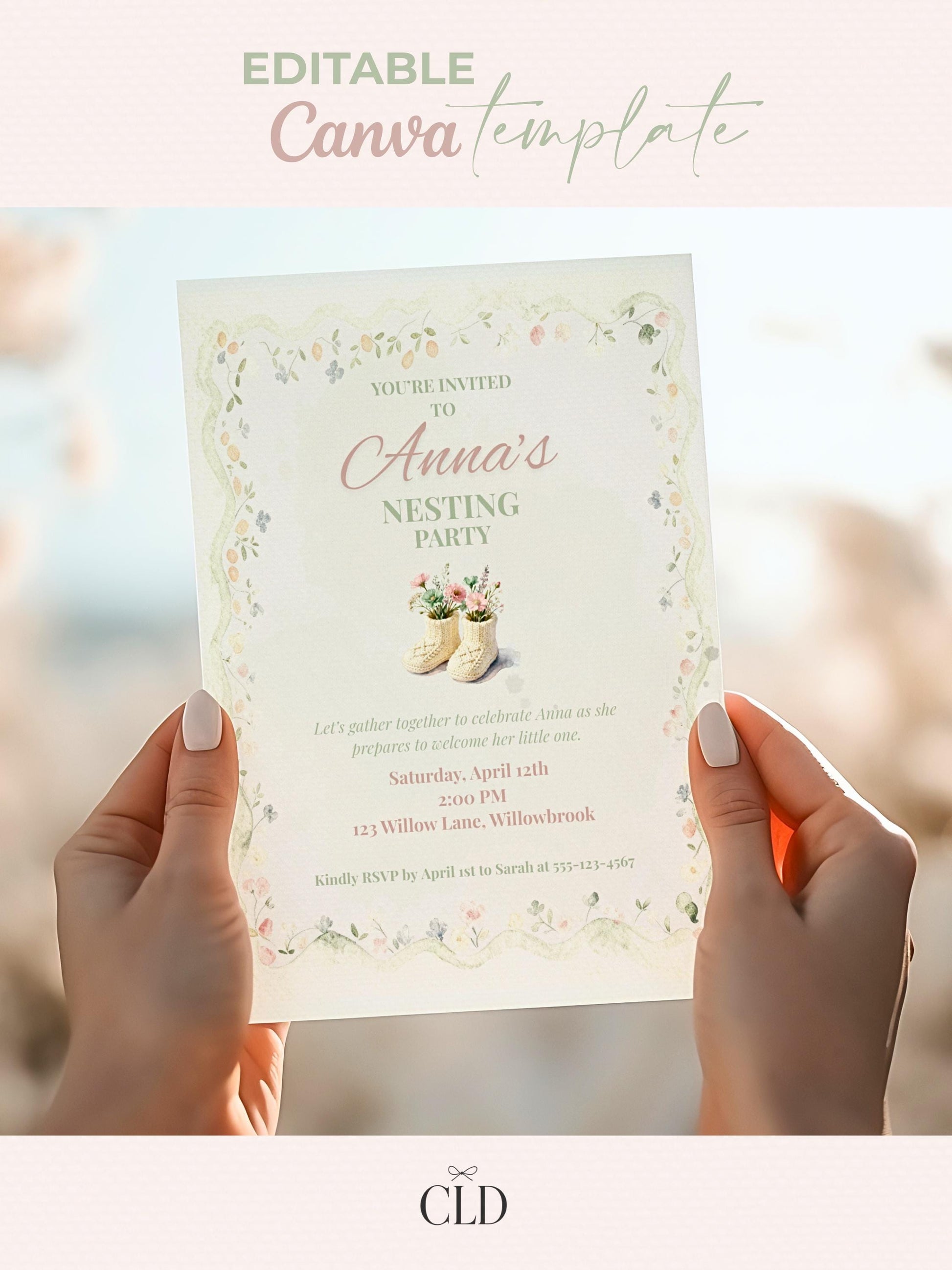 Nesting Party Invitation-Baby Shower Invite (Instant Download Editable Canva Template) Custom Printable Digital Newborn Arrival Evite