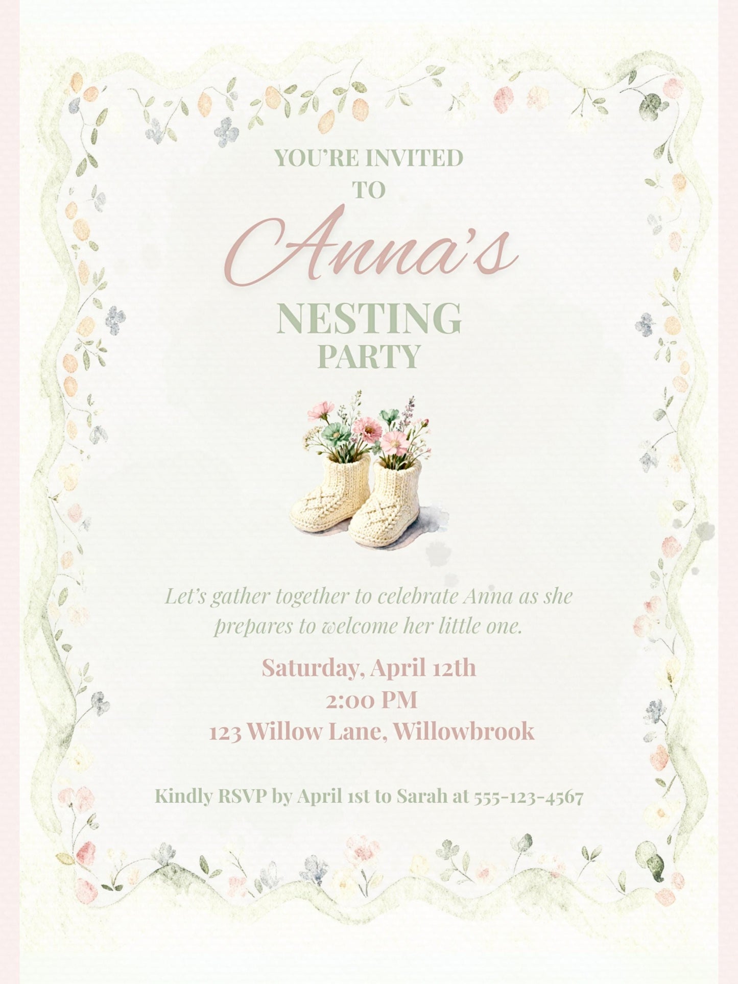 Nesting Party Invitation-Baby Shower Invite (Instant Download Editable Canva Template) Custom Printable Digital Newborn Arrival Evite