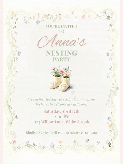 Nesting Party Invitation-Baby Shower Invite (Instant Download Editable Canva Template) Custom Printable Digital Newborn Arrival Evite