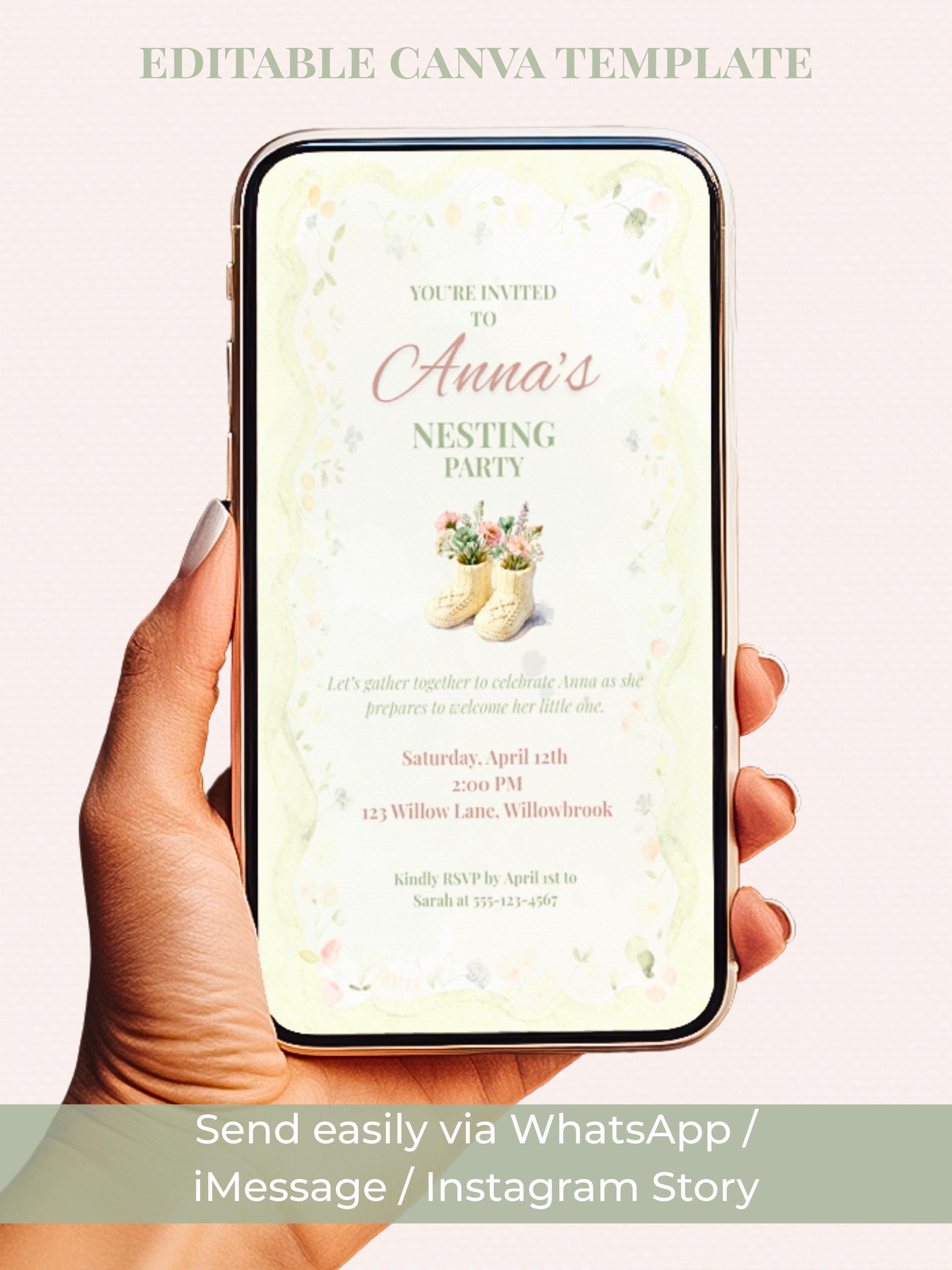 Animated Nesting Party Invitation-Digital Baby Shower Evite (Instant Download Editable Canva Template) Custom Newborn Arrival Invite