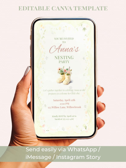 Animated Nesting Party Invitation-Digital Baby Shower Evite (Instant Download Editable Canva Template) Custom Newborn Arrival Invite